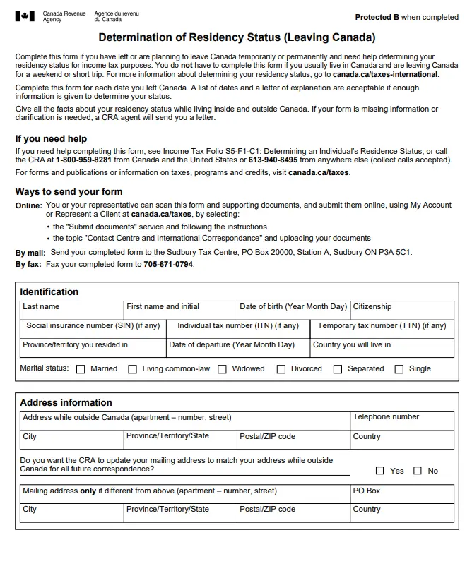 NR73 Determination of Residency Status Form Canada