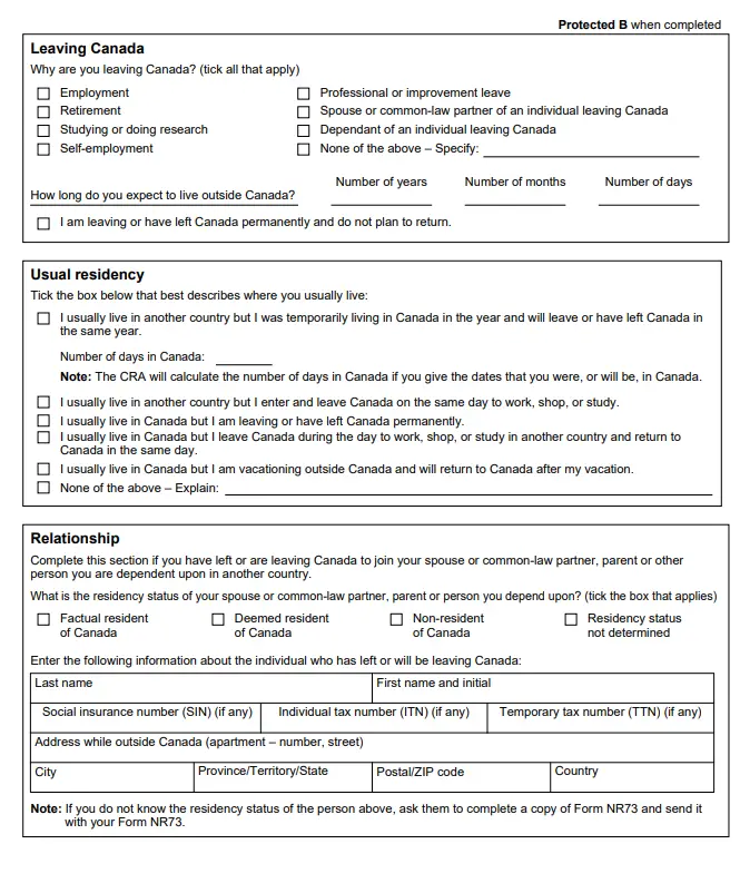 Leaving Canada NR73 Form